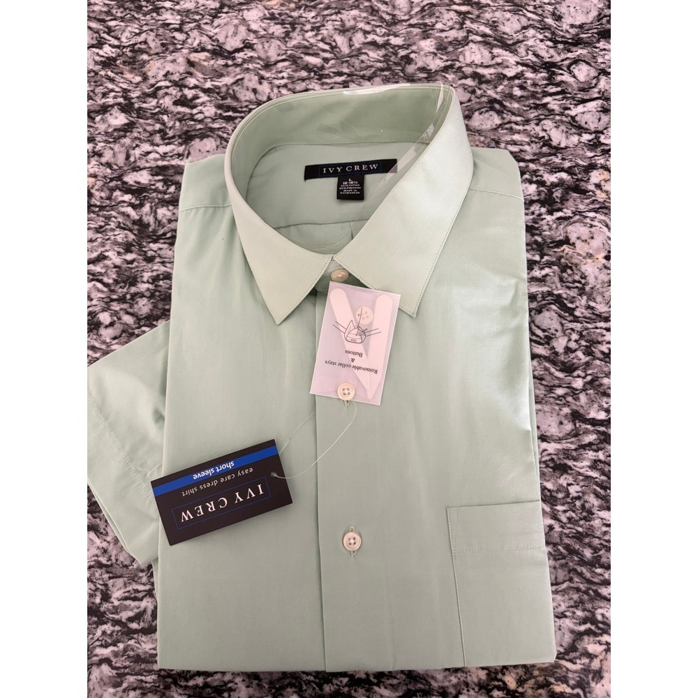 Ivy Crew Mens Short Sleeve Dress Shirt Jade Green Easy Care Size L 16-16.5 NWT